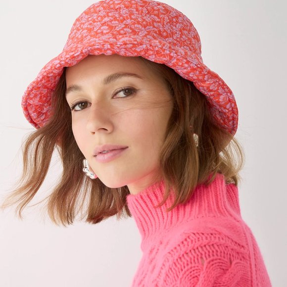 J. Crew Liberty Print PrimaLoft Puffer Bucket Hat Red Pink M/L